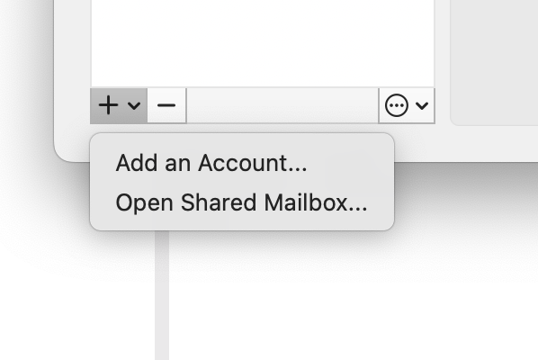 Dropdown options for Add an Account and Open Shared Mailbox